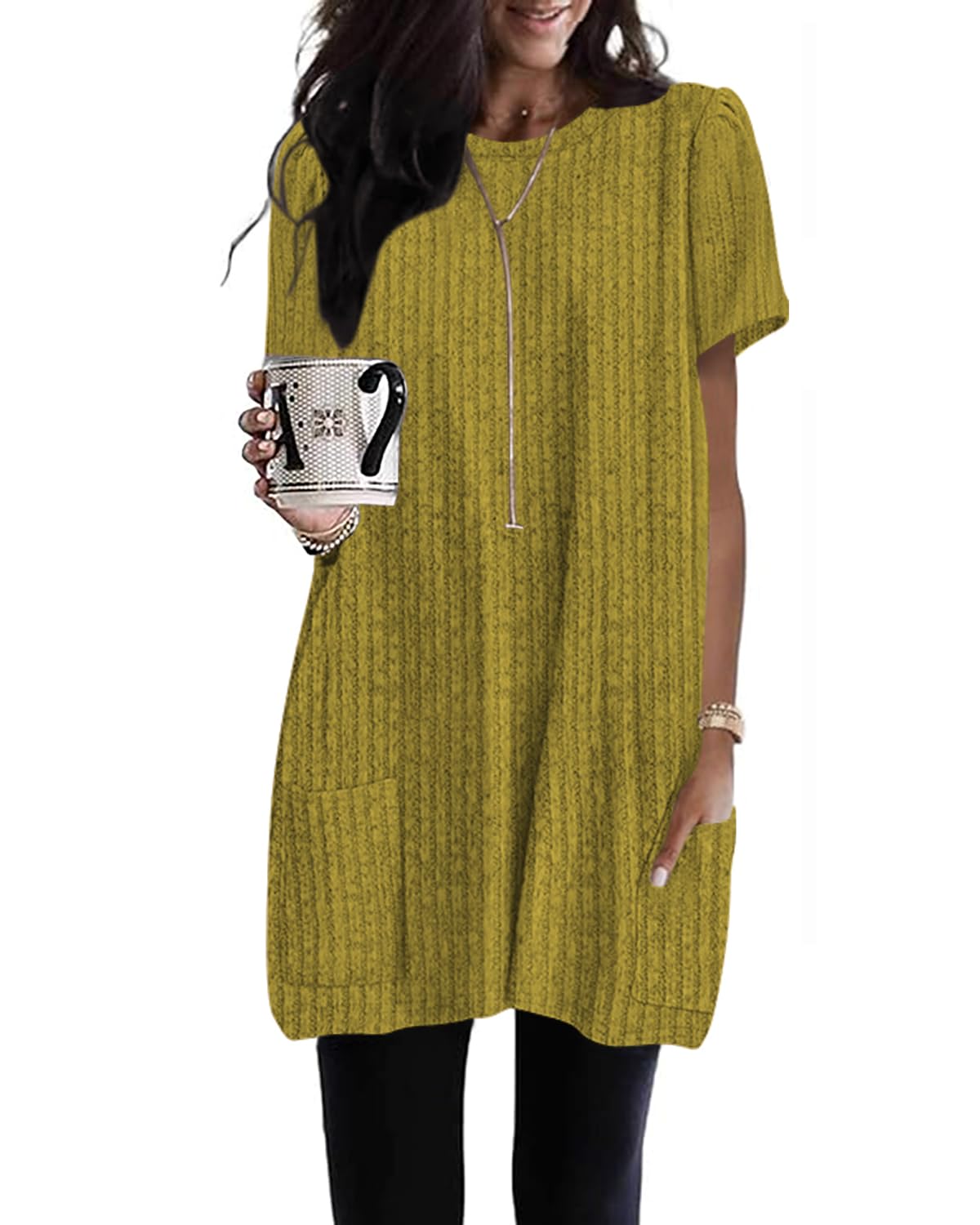 Naggoo Summer Womens Tunic Tops for Leggings with Pockets Loose Fit Short Sleeve Casual Long T Shirts