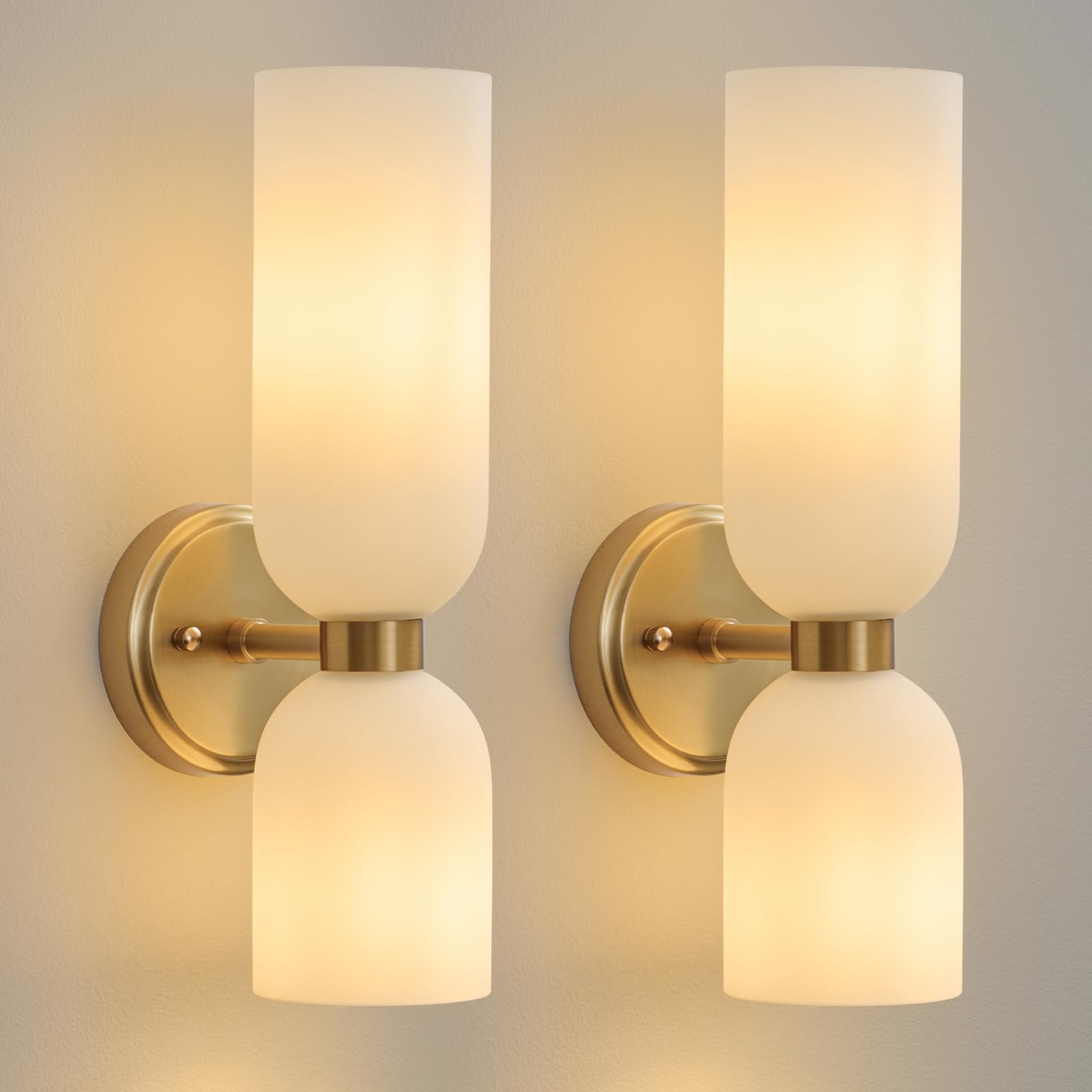 Photo 1 of Mid Century Bathroom Wall Sconce - Set of 2 Modern Brushed Gold Brass Sconces - Frosted Milk White Glass Indoor Dimmable Lighting Fixture with Bulb - Double Vanity Lights for Bedroom Living Room Decor