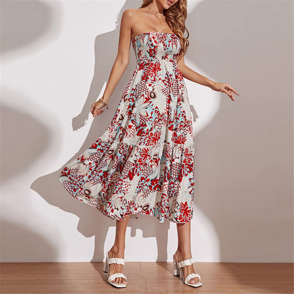 Vsadsau Vestido largo de verano para mujer, ajustado, sin mangas, estampado floral, vestido midi para fiesta de playa