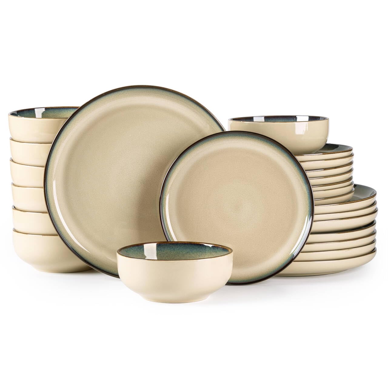 GBHOME Dinnerware Sets for 8, 24 Pieces Ceramic Plates and Bowls Set | Scratch Resistant Stoneware Dishes Set, Dishwasher &amp; Microwave Safe, Reactive Glaze-Pale Khaki