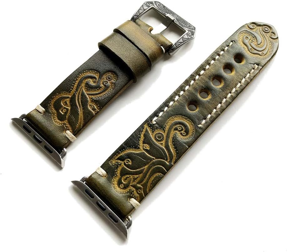 Green with Yellow Tooled Embossed Genuine Leather Premium Band Strap Bracelet with Engraved Buckle Compatible with Apple Watch 38mm 40mm 41mm All Series 9 8 7 SE 6 5 4 3 2 1