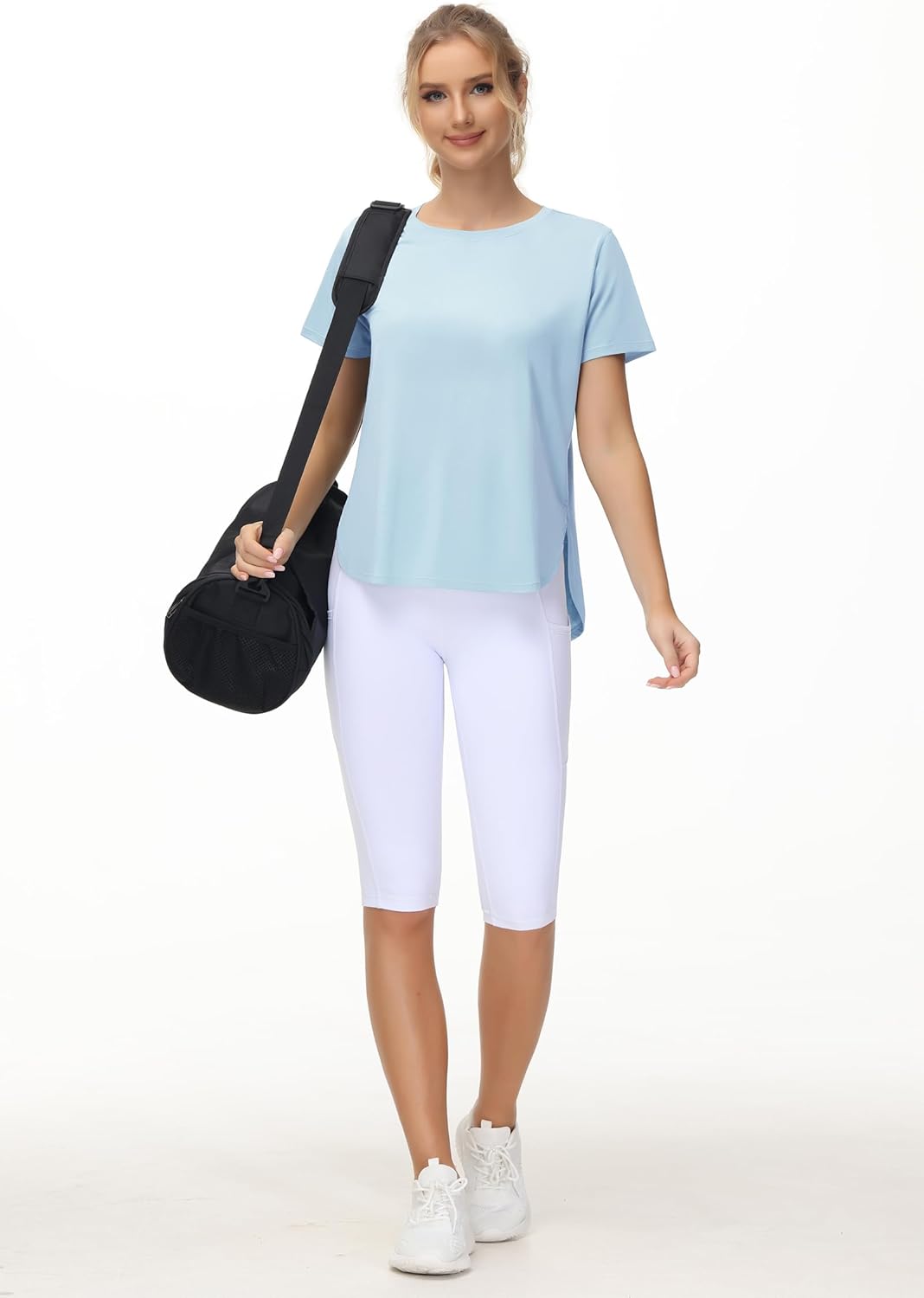 THE GYM PEOPLE Women's Workout T-Shirts Loose Fit Short Sleeve Cotton Running Basic Tee Tops with Split Hem - Image 3