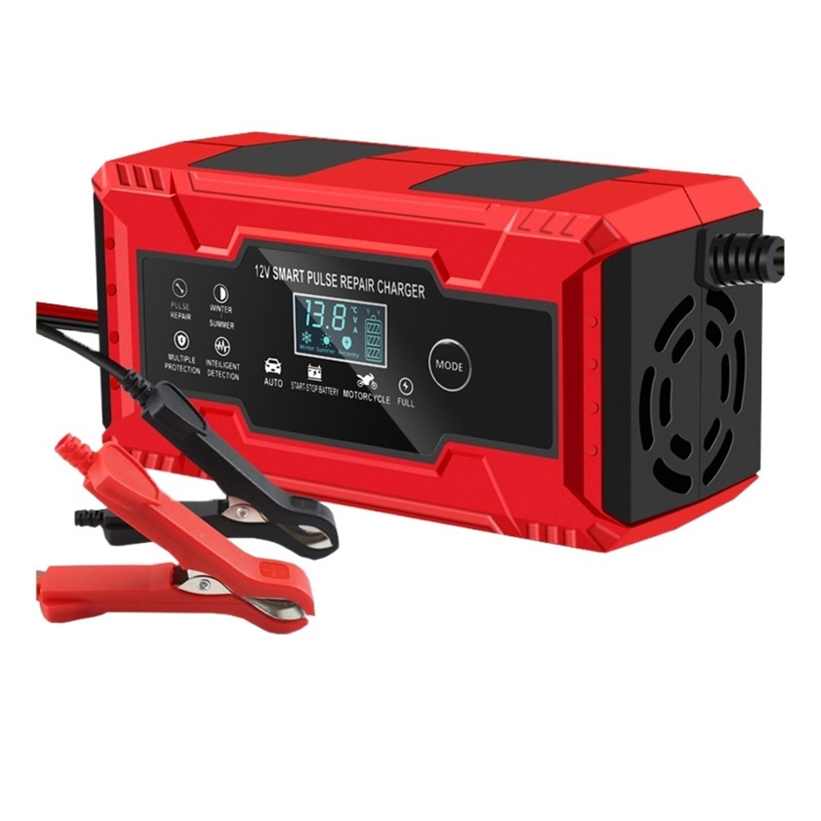 Ładowarka Samochodowa 6A 12V Inteligentna Automatyczna Szybka Moc Ładowania Naprawa Impulsów Mokry Suchy Kwasowo-ołowiowy Wyświetlacz LCD Do Motocykla Wydajne Szybkie ładowanie(Red)