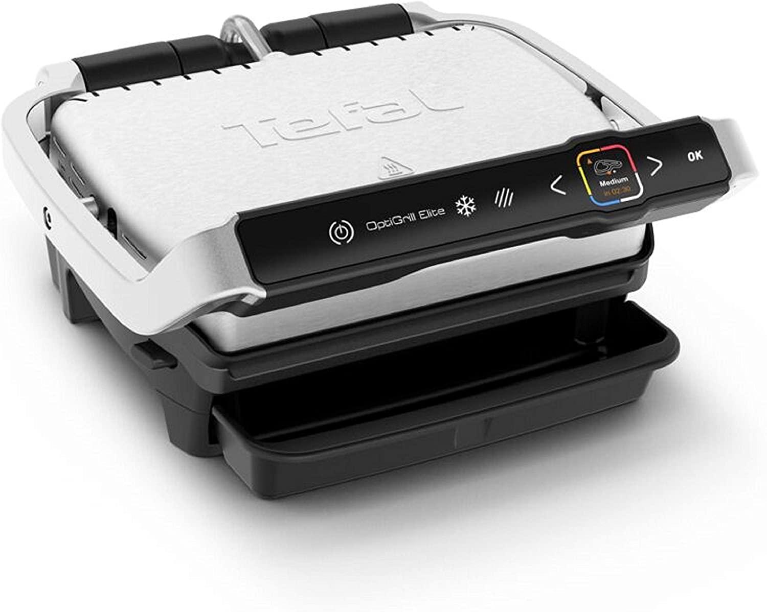 Tefal GC750 OptiGrill Elite Grill Elektryczny domowy, automatic sensor cooking, 12 automatycznych programów, asystent grillowania, pojemna tacka, wymiary 39.9 x 23 x 36.9 cm, srebrny