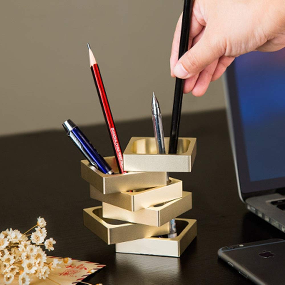 Pot à Crayons Bureau Décoration Pen Holder Ménage Rangement porte-stylo pour Bureau(Gold)