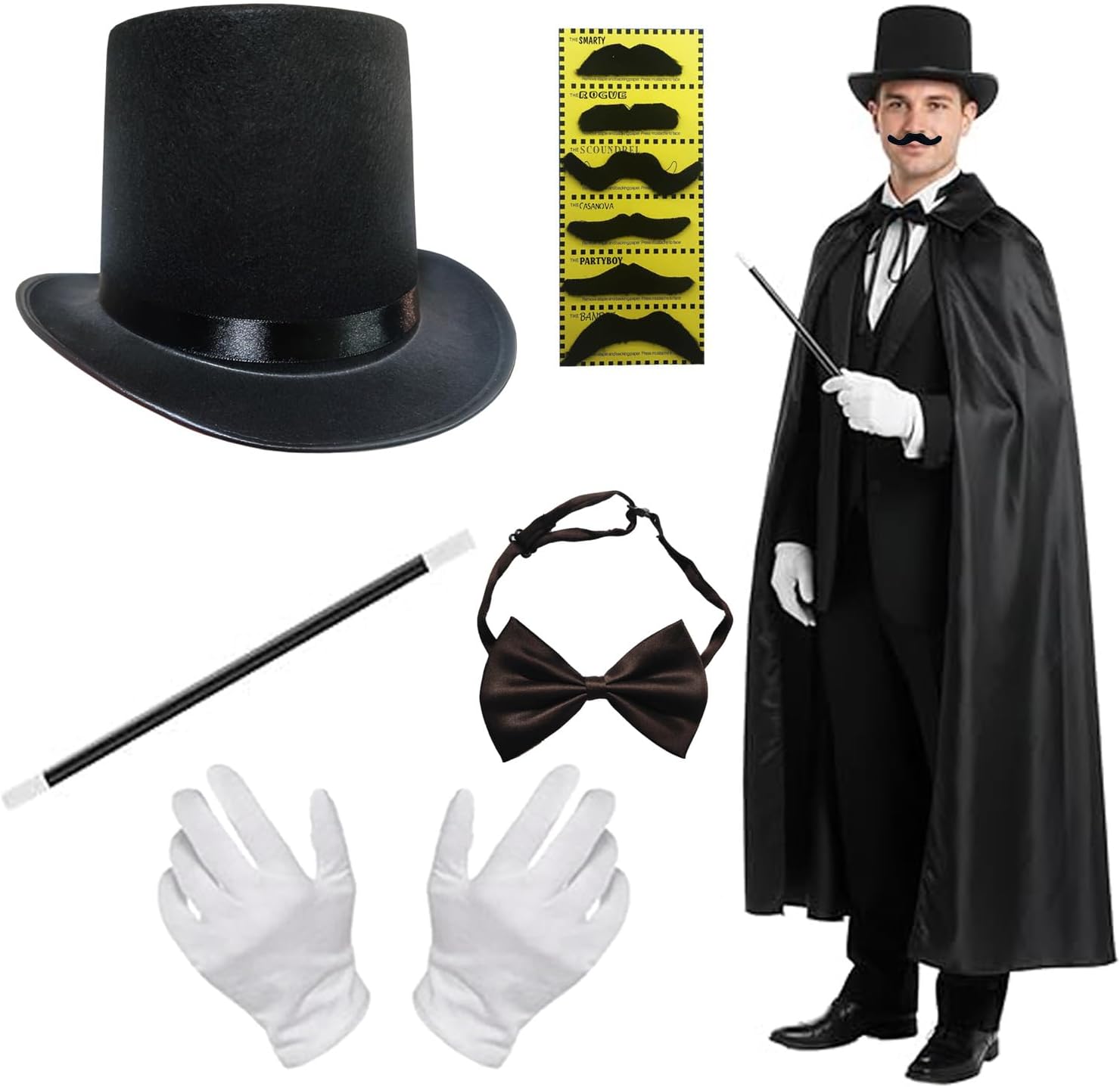 Magician Costume Accessories for Adult with Top Hat Set,Beard,Bow Tie, Magic Wand and Gloves for Magic Tricks Show Halloween Cosplay,1920s Men Accessories