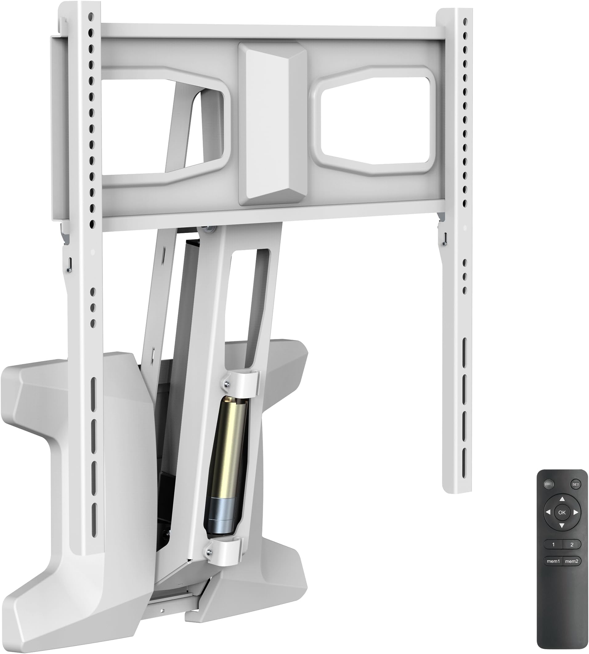 MOUNT-IT! Motorized Fireplace TV Wall Mount | Remote Control Electric Pull Down Mantel Mounting Bracket, Up to 77 Lbs Weight Capacity, Height Adjustable, Swivel, VESA 600x400 Compatible, White