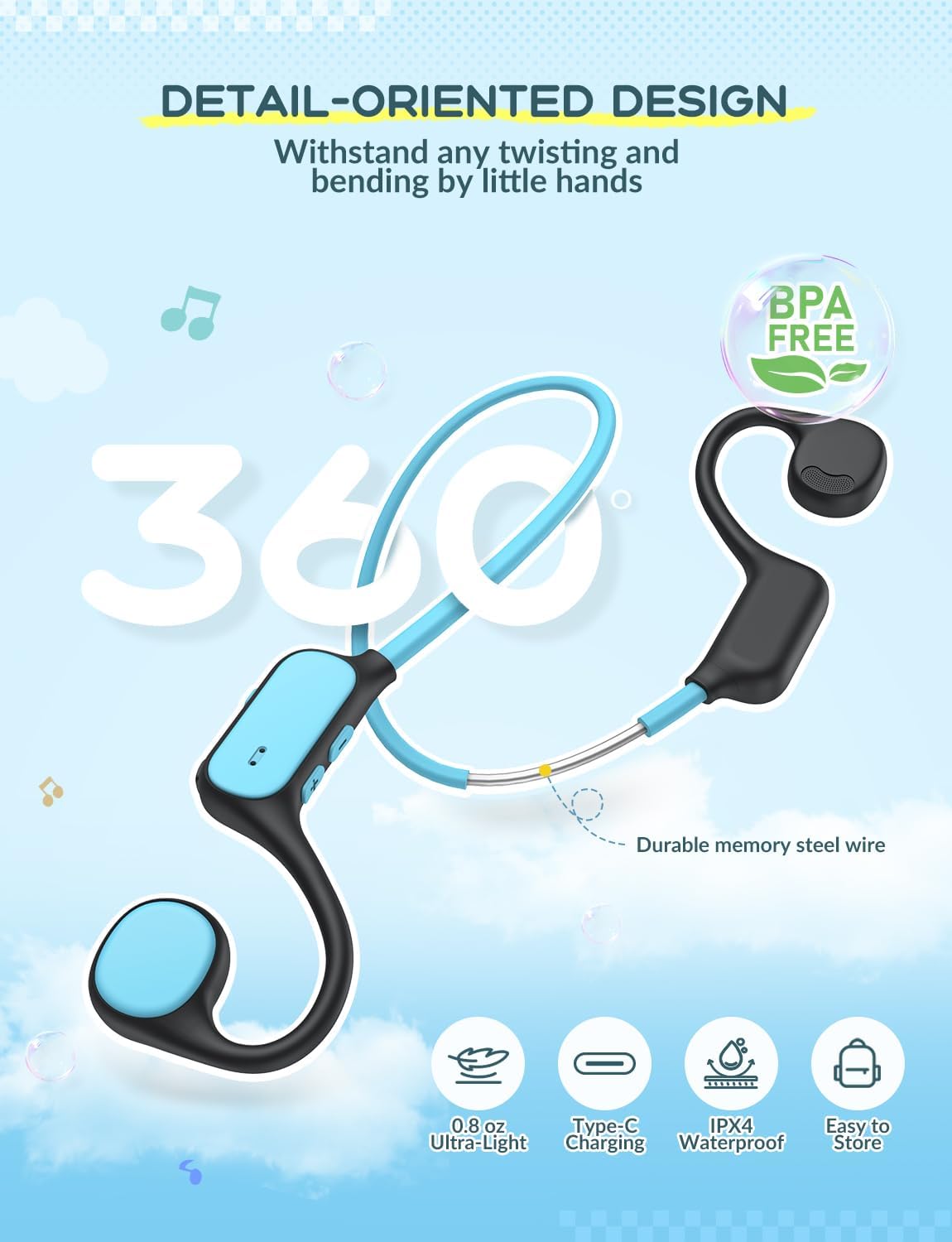iClever Cuffie per bambini a conduzione ossea, sicurezza per orecchie aperte, impermeabili IPX5, piegatura a 360°, cuffie leggere per bambini wireless Bluetooth 5.3, auricolari per bambini USB-C per
