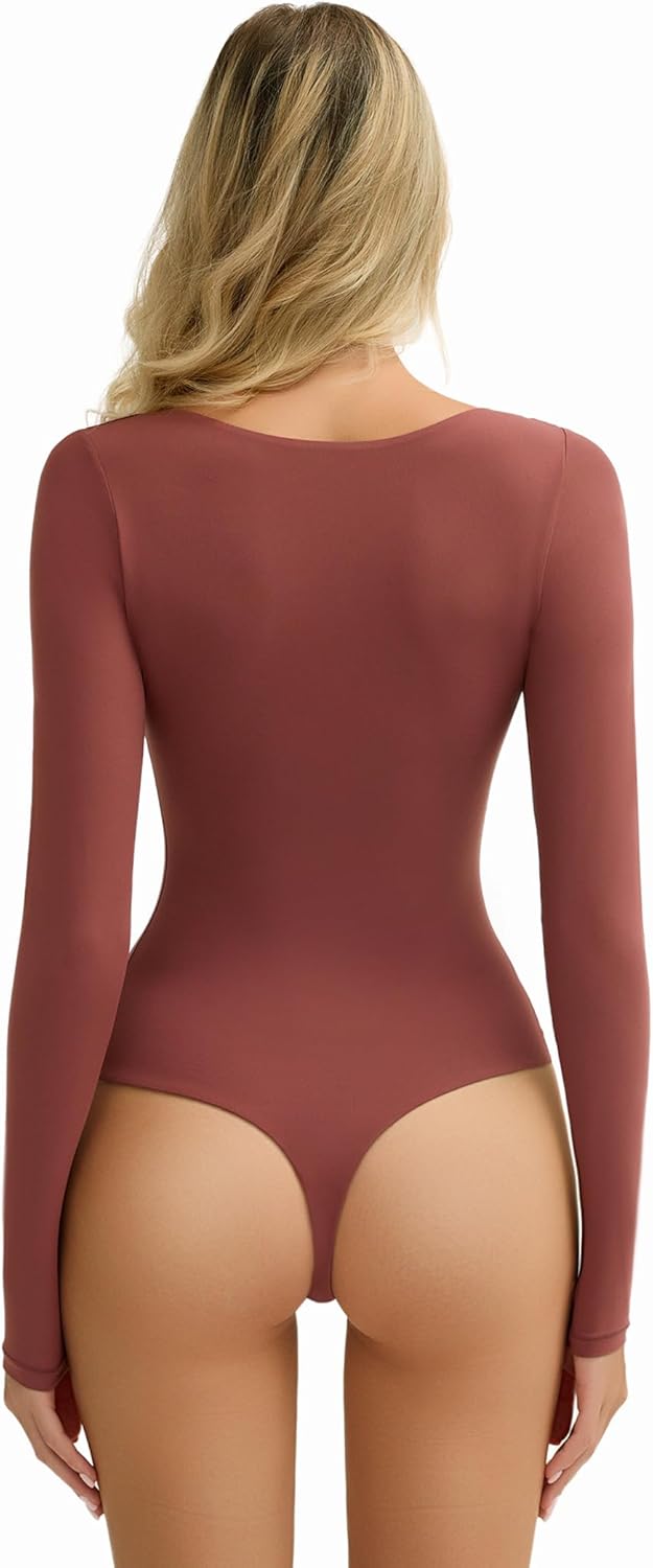 Avidlove Women's Long Sleeve Bodysuit Double Lined Square Neck Body Suit Tops Snap Closure Soft - Image 6