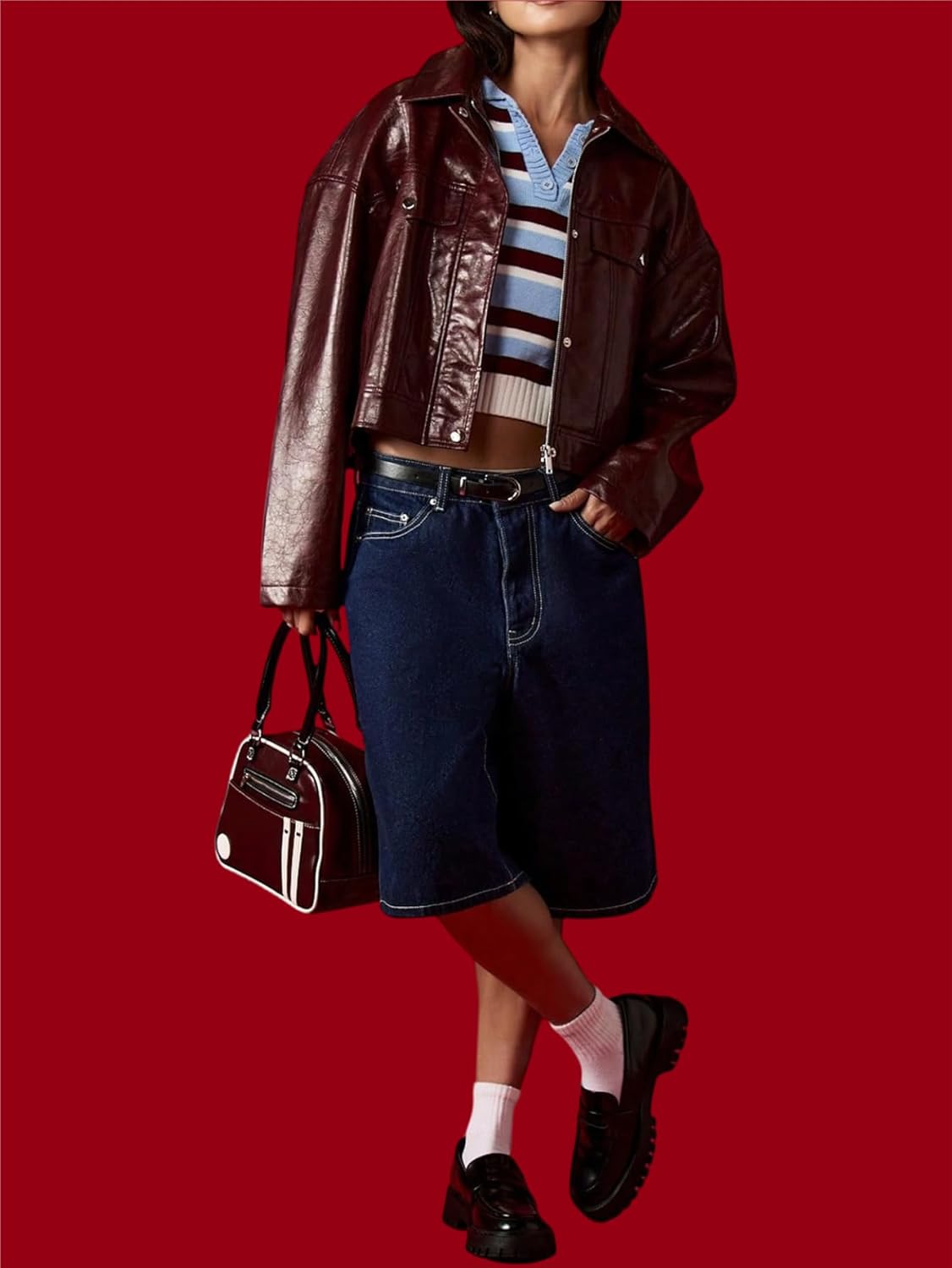 SHENHE Women's Striped Collared Cropped Knit Top Short Sleeve Button Up Sweater - Image 5