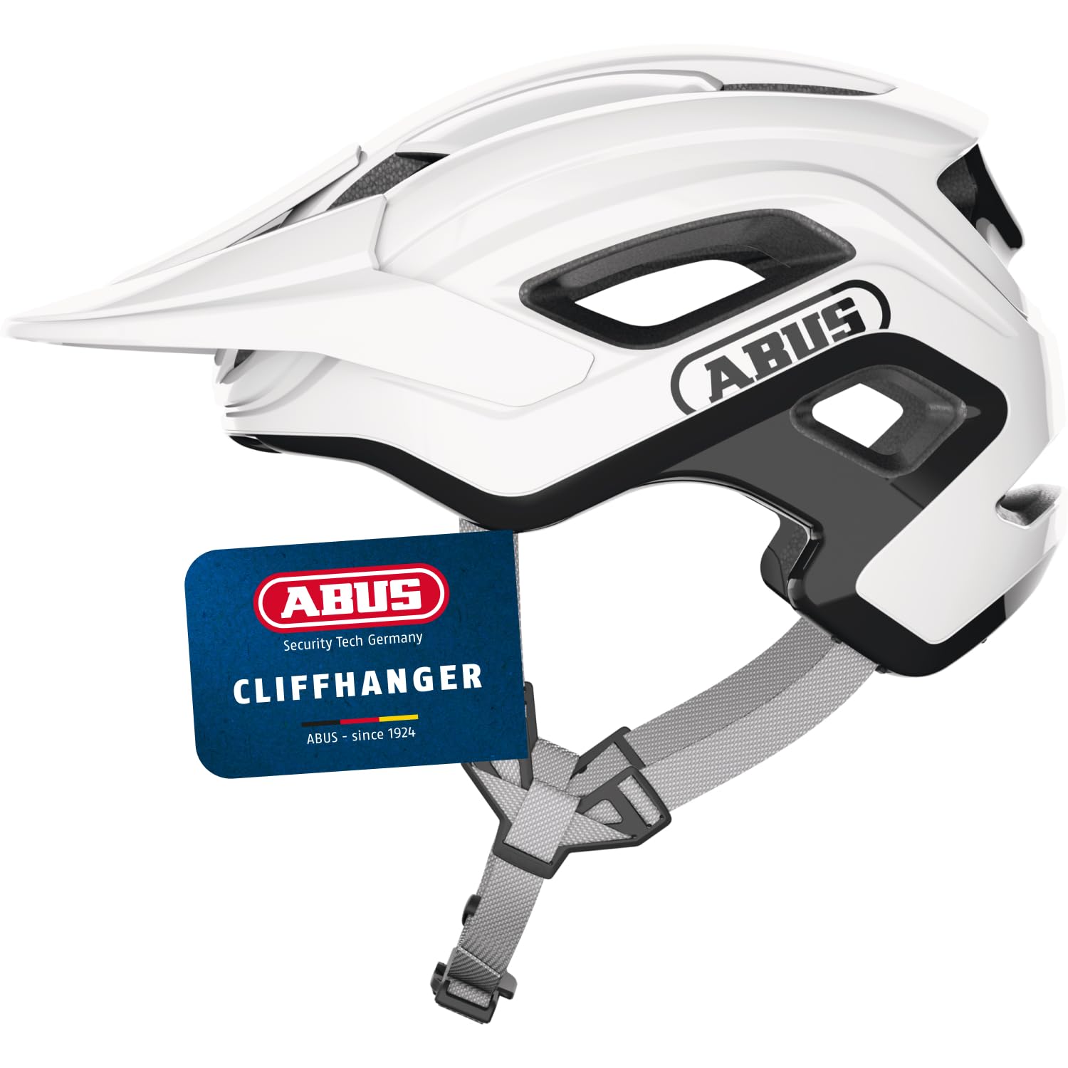 ABUS Cliffhanger Casco MTB de Bicicleta, Alpine White, L | Casco de montaña para singletrail y enduro, cierre magnético, visera regulable, almohadillas lavables