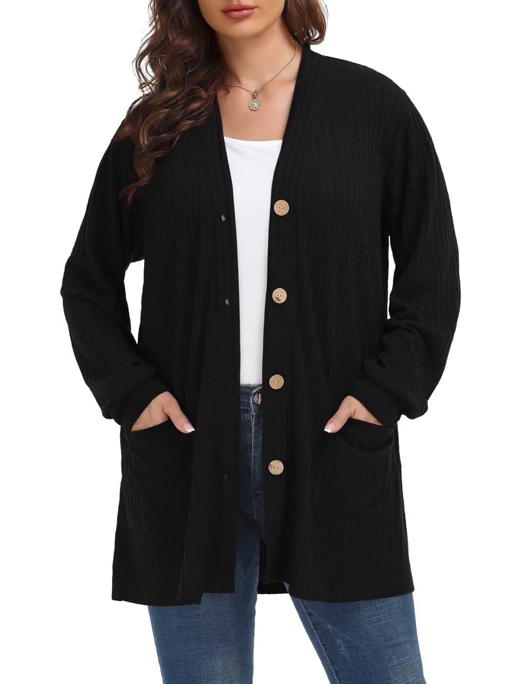 MONNURO Plus Size Cardigan Sweaters for Women Open Front Lightweight Long Sleeve Button Down Fall Coats with Pockets