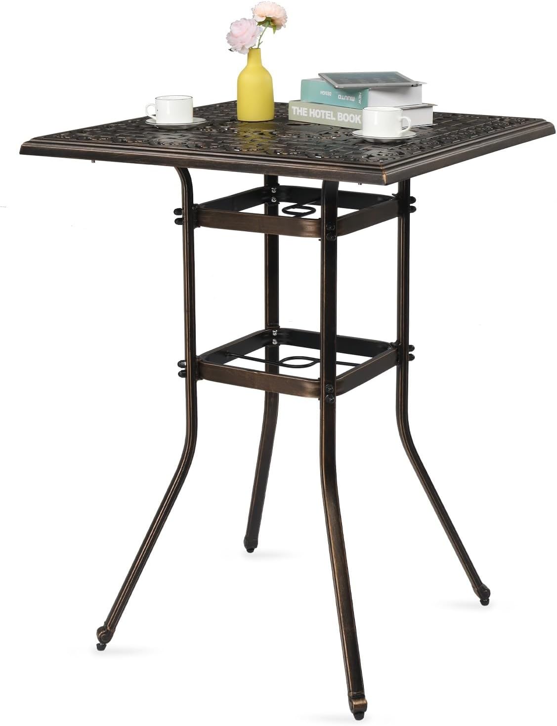 42" Outdoor Patio Bar Table All-Weather Cast Aluminium Square with Umbrella Hole