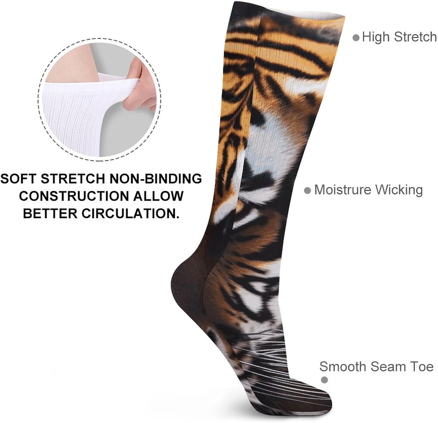 Breathable Crew Sock, Moisture Wicking, Athletic Calf Socks, Cozy | Wild Animal Tiger Compression Socks for Women Men, Lightweight High Work Socks for Business, Casual