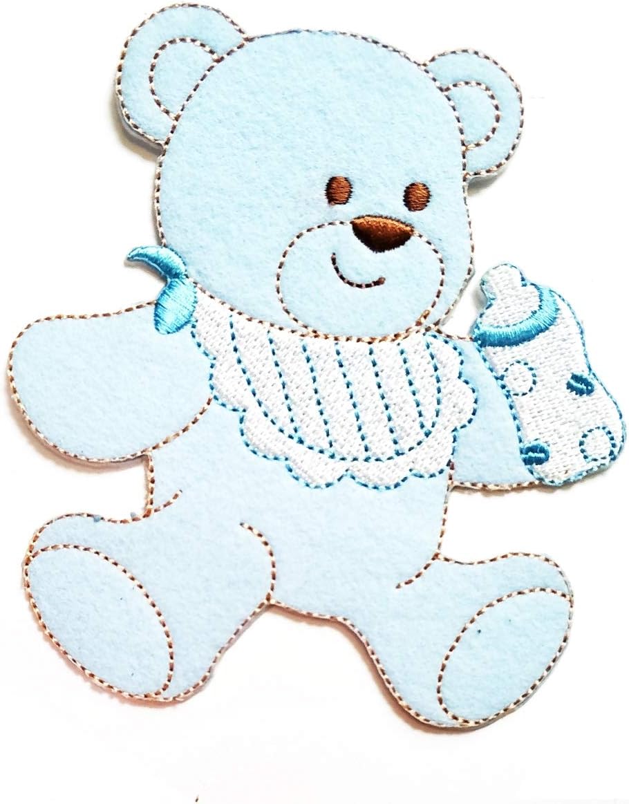 Nipitshop Patches Cute Lovely Baby Teddy Bear Bottle of Milk Blue Cartoon Embroidered Patches Embroidery Patches Iron On Patches Sew On Applique Patch Cool Patches for Men Women Boys Girls Kids