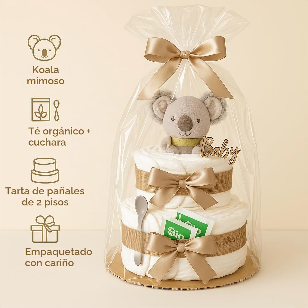 Tarta de pañales para niña y niño con koala Greifling – Boho Vintage [hecho a mano] – Regalo de nacimiento con agarrador koala y té orgánico – Tarta neutral y para baby
