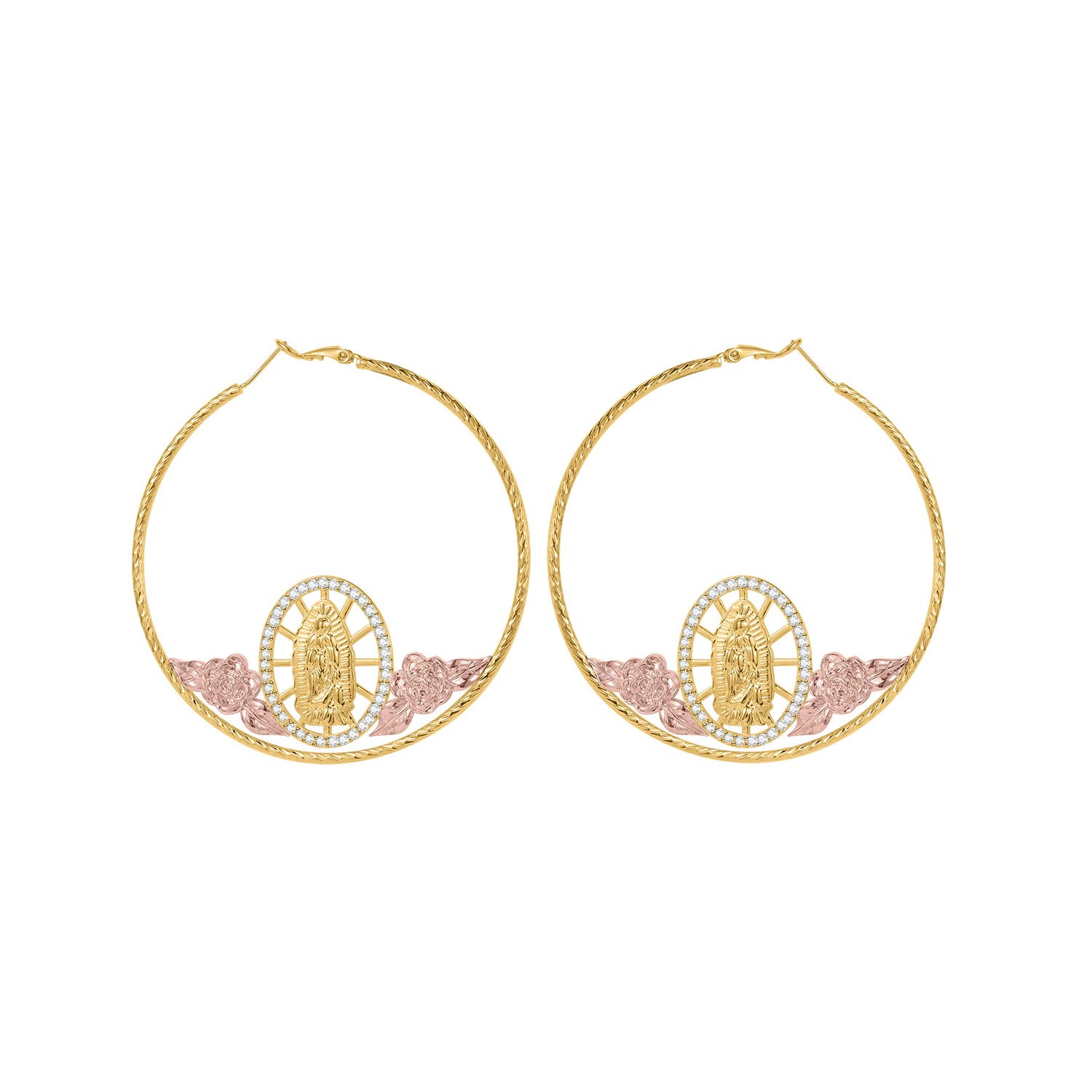 GOLD PLATED TRI COLOR VIRGIN MARY FLOWER HOOP EARRINGS VIRGEN GUADALUPE ARETES ARRACADAS Tri-Color Virgin Mary Flower Hoop Earrings - Gold Plated Gold