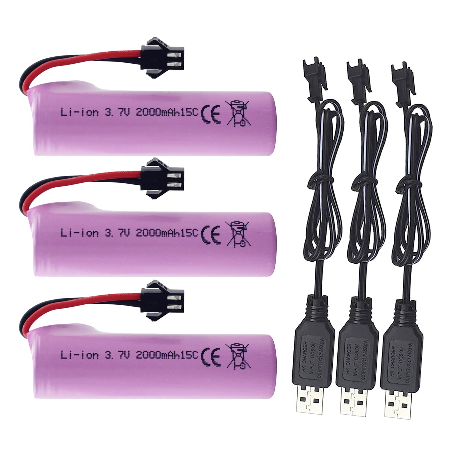 PUOO 3PCS 3.7V 2000mAh SM-2P Plug Lithium Battery with USB Charging Cable Suitable for DE68 DE44 DE45W DE45 DE58 DE49 DE57 DE70 Off-Road Vehicle Truck Tank RC Toy Car Spare Batteries