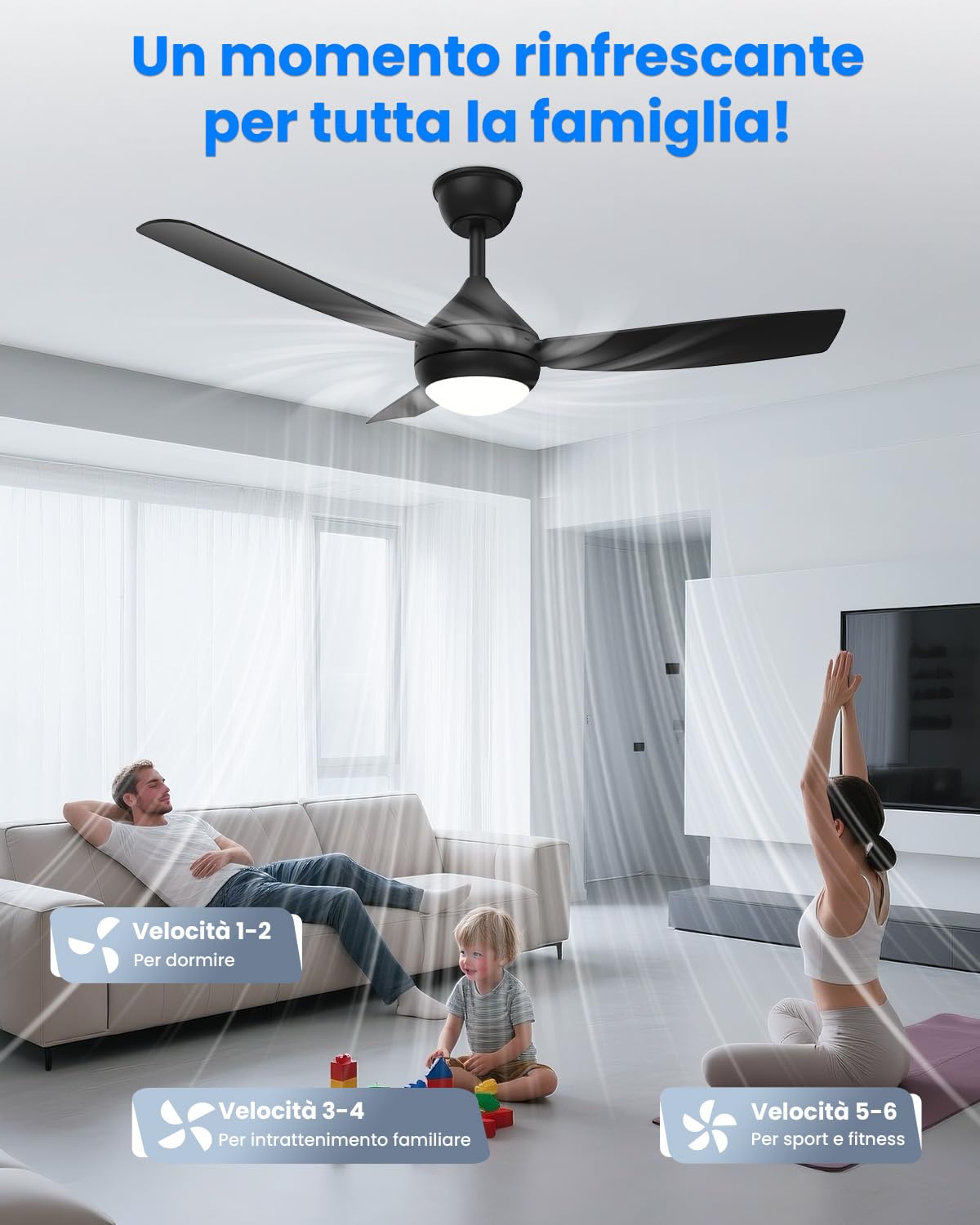 Airwit Ventilatore da Soffitto con Luce LED Regolabile 106cm, 3 Pale Snap-On, Silenzioso Ventilatore da Soffitto con Telecomando per Camera Soggiorno Cucina, 6 Velocità, Montaggio Rapido, Nero
