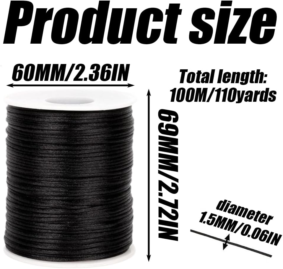1.5mm Nylon Cord, 110 Yards Black Necklace String Wind Chime Cord, Nylon Bracelets String for Jewelry Making, Macrame Waxed Trim Cord, Multi-Use Silk Cord for DIY Crafts, Braided Beading, Lanyards - Image 2