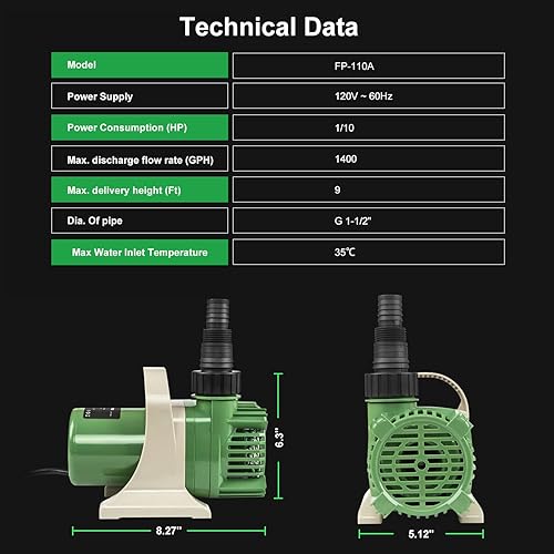 Miniatura 4 de Prostormer Bomba sumergible de estanque de 110 HP, bomba de agua de alto flujo de 3300 GPH con altura de elevación de 9 pies, bombas de jardín, para