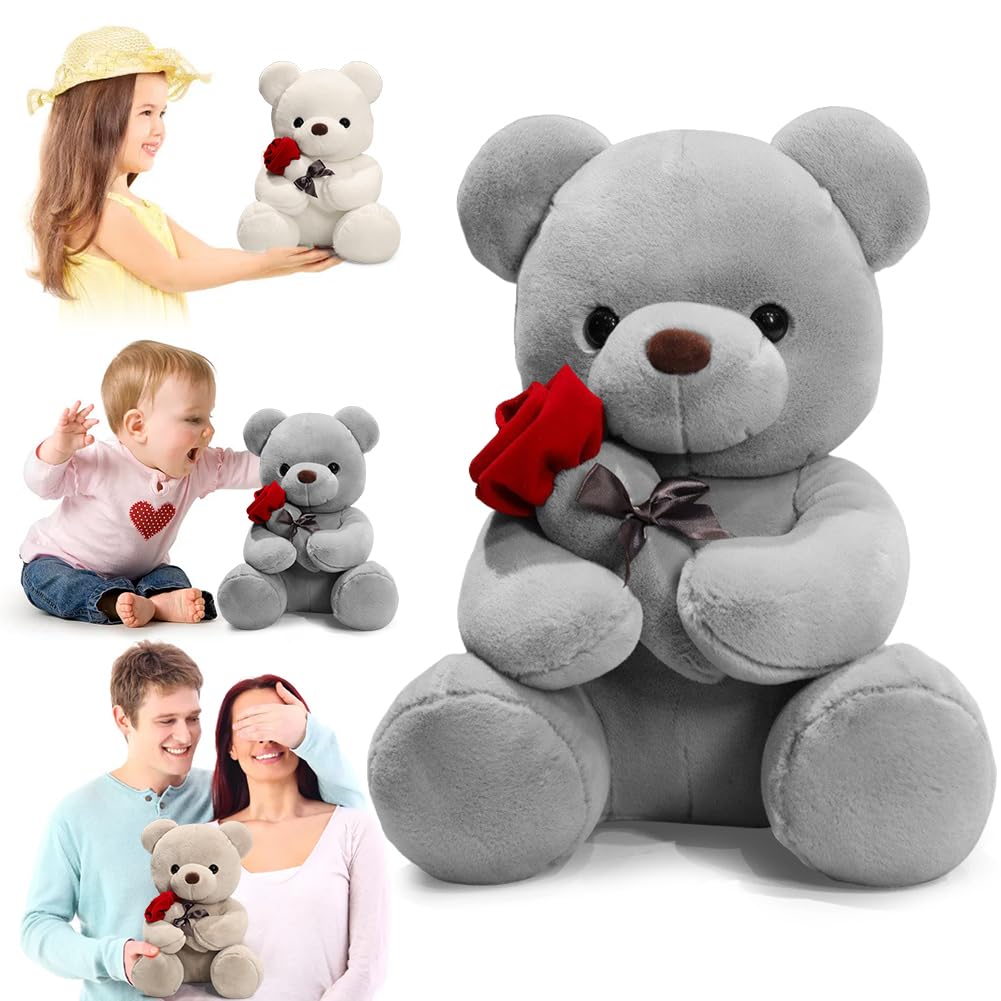 Oso de peluche, 23 cm, con rosa, oso de peluche, oso de peluche para decorar habitaciones, regalos para mamá, niñas, bebés y niños, cumpleaños, día de San Valentín (gris)