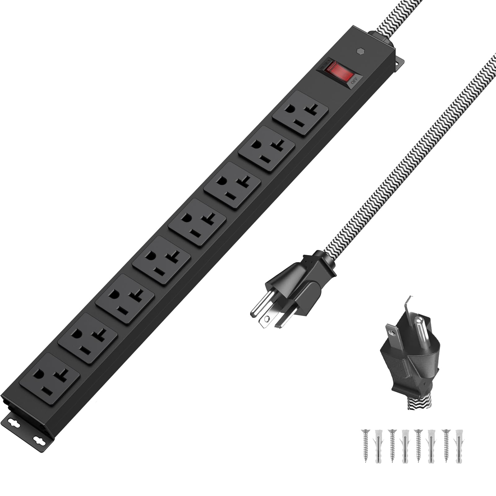20 Amp Power Strip Heavy Duty, 12 Gauge Extension Cord for Appliance Workbench Garage Industrial, Metal 8 Outlets Combine with T-Plug Adapter 5-20R T-Slot, 1200J Surge Protector