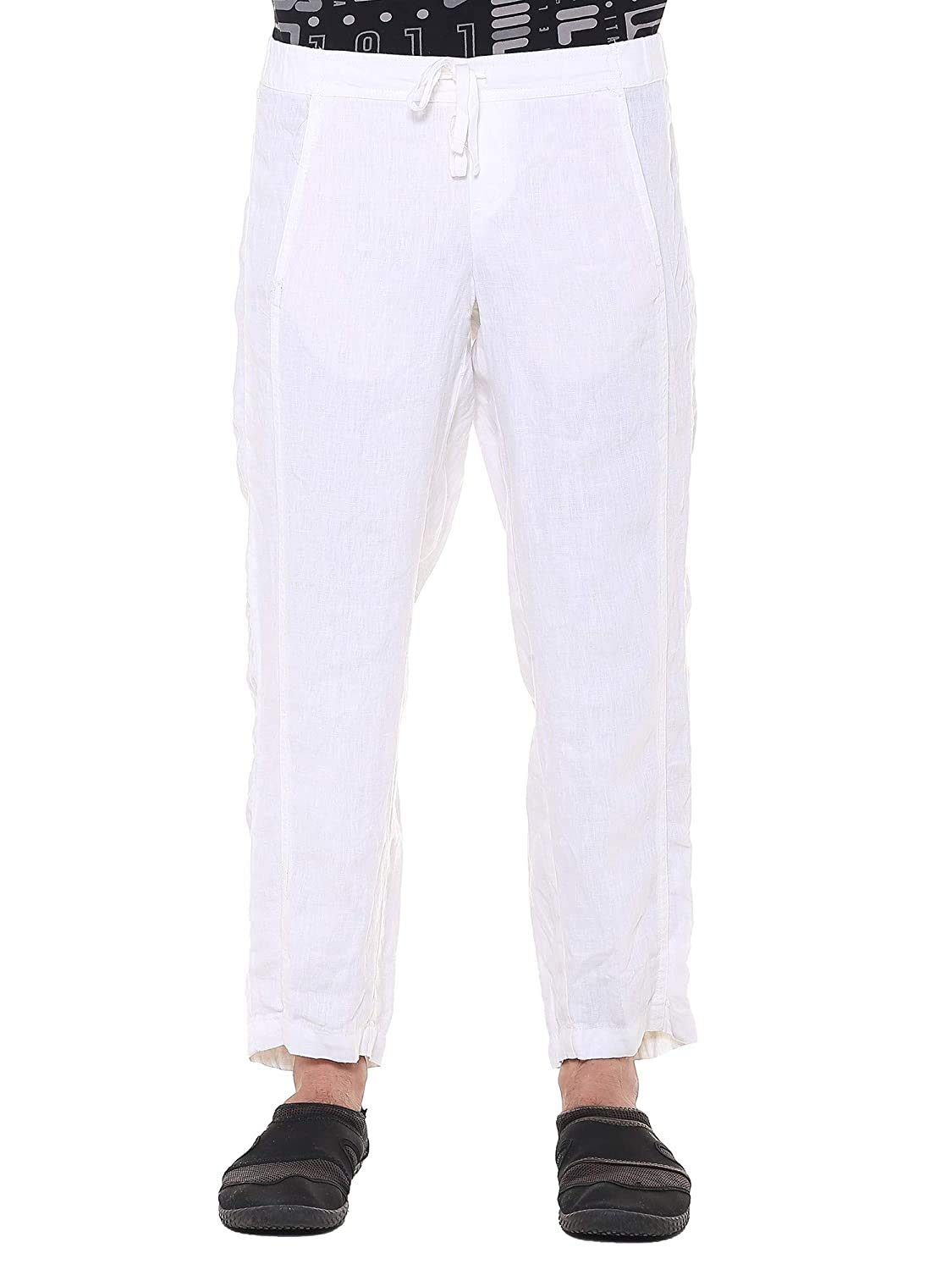 Men’s Comfortable and Breathable Semi Casual Linen Trousers/Straight Pants, White, 38