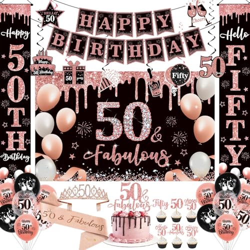 50th Birthday Party Decorations Kit, Happy 50th and Fabulous Birthday Decorations Set Crown and Sash,59Pcs Rose Gold and Black Gifts for Women PRE-ASSEMBLED