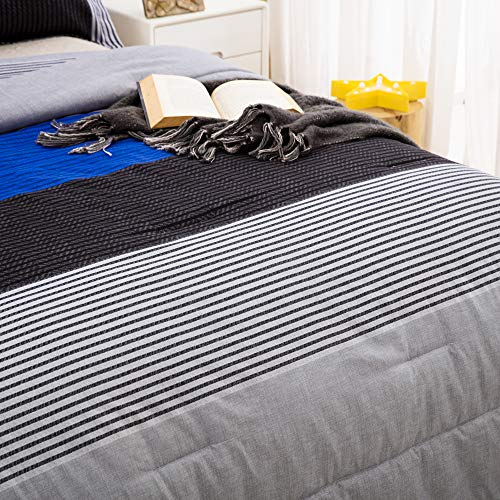 Blue Stripe Comforter Set Full Reversible Grey Blue Patchwork Bedding Comforter Set For Full Bed, 3 Pieces (1 Comforter+2 Pillowcase), Soft Microfiber Filling Duvet Set 78”×90” #TOP6