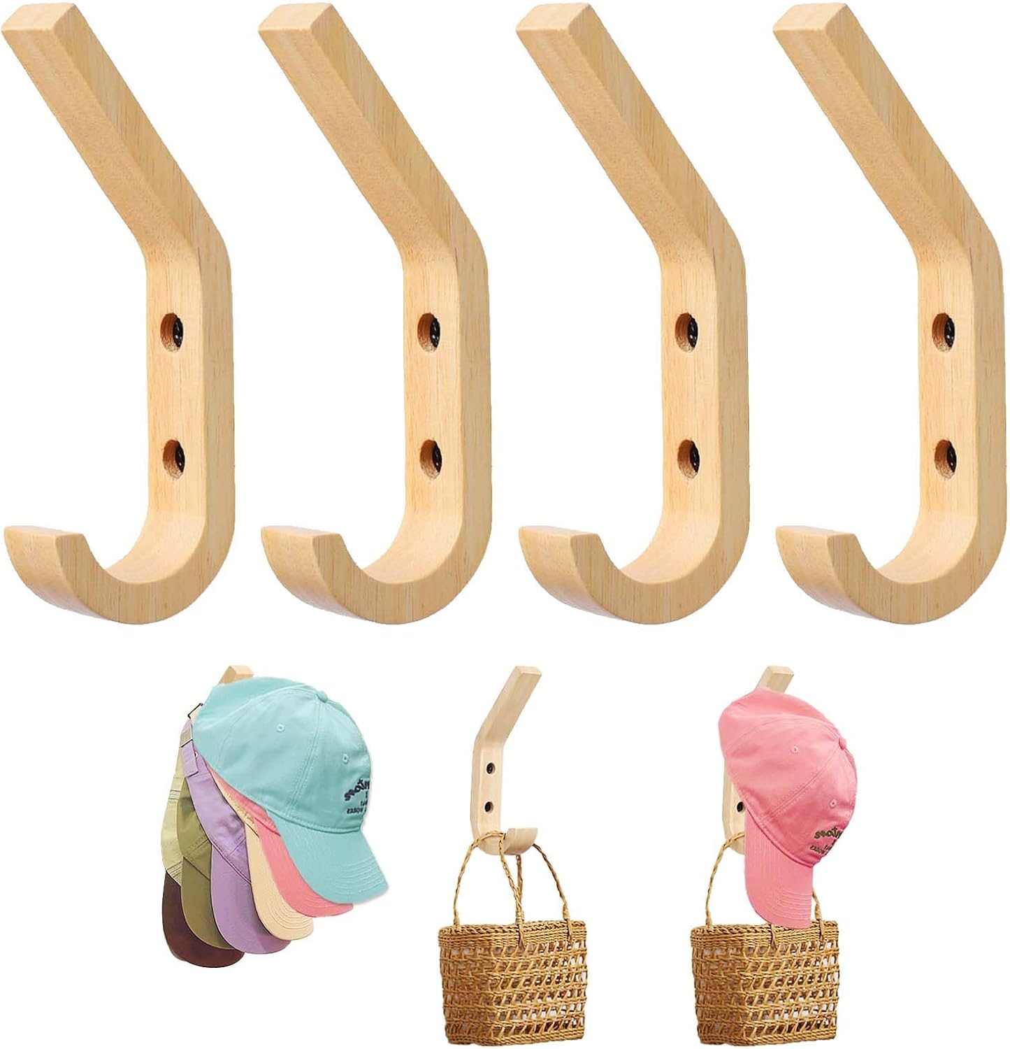 Daily Treasures 4 Pack Hats Storage Wall Mounted,Wooden Hat Rack Hook,Double Hook Design Wall Mounted for Coat,Adhesive/Wall Caps Holder Drilled for Door, Bedroom, Closet（Beech Wood）