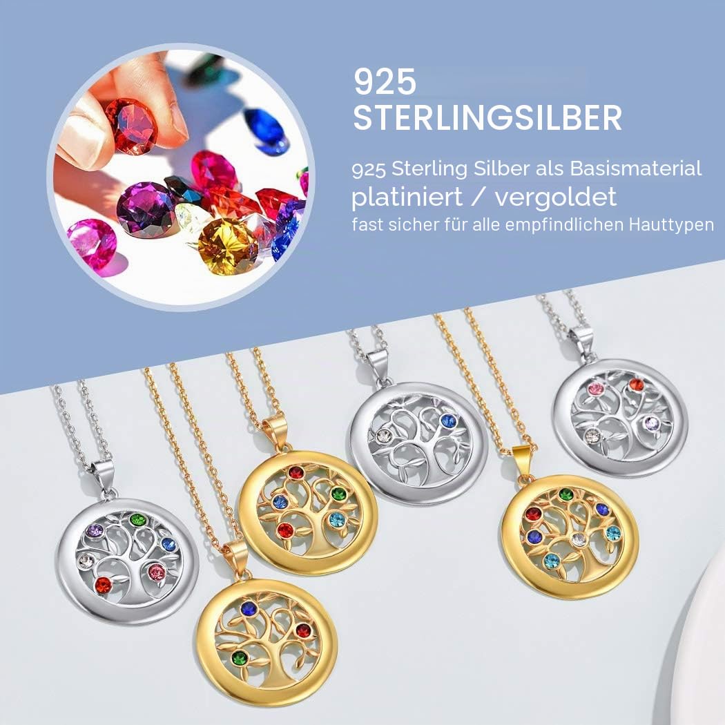 Suplight personalisiert Familienkette 925 Silber/Edelstahl Geburtssteinkette Namenskette Herz/Baum des Lebens Anhänger Halskette mit Gravur Partnerschaft Freundschaft Schmuck mit Geschenkbox