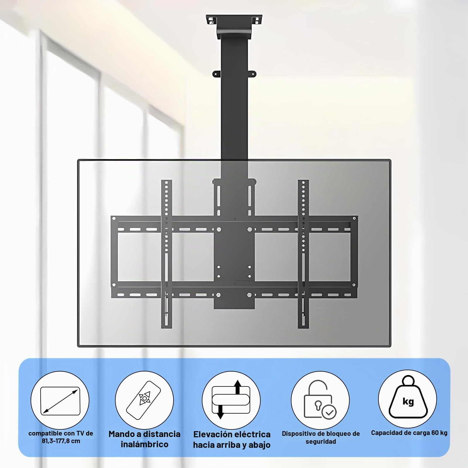 Soporte de Techo motorizado para TV para Pantalla de 32 a 70 Pulgadas, Soporte TV Techo motorizado con Control Remoto inalámbrico y Control Remoto con Memoria, Soporta 60 kg (Lift 90-220)