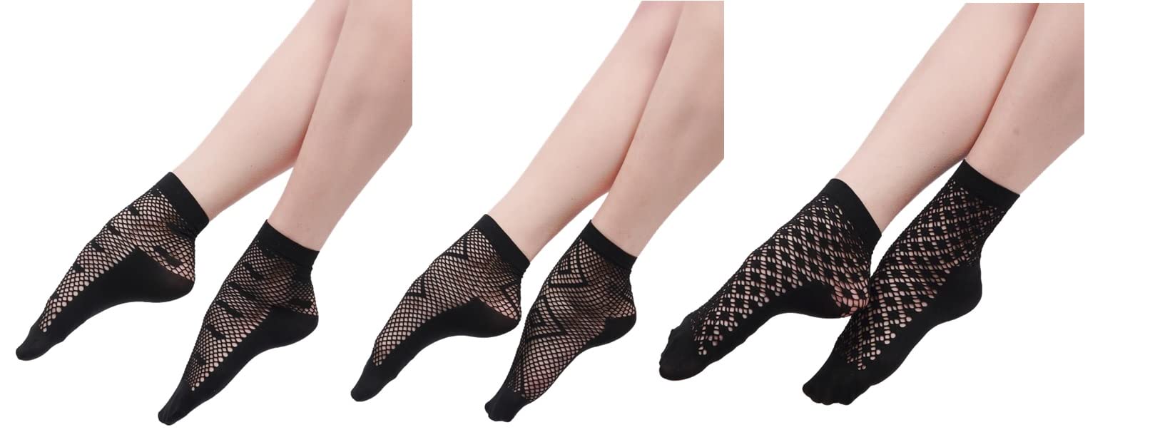 Pack of 3 pair Ankle High Fishnet Mesh Women Socks, Women Fishnet Mesh Ankle Socks (Mix Design - Black)-image-19
