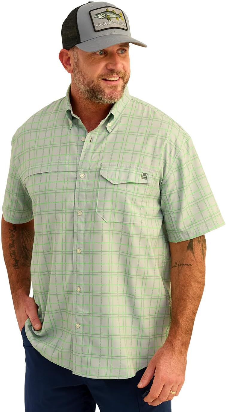 HUK Mens Tide Point Pattern Short Sleeve Shirt, Fishing Button Down