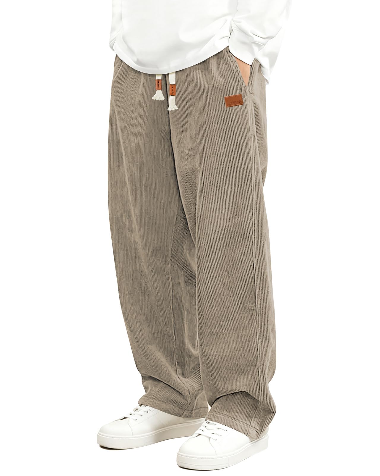 HMIYA Cord Hose Herren Chinohose Regular Weites Bein Hosen Mode Freizeithose Baumwolle Elastische Taillemit Taschen