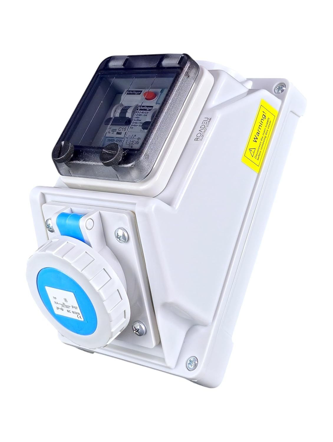 RoadEu – IP66 CEE 16A Outdoor Socket with RCD & MCB – 230V 3P Single-Phase Wall Mount – Waterproof & Dustproof – Ideal for Workshops & Damp Locations