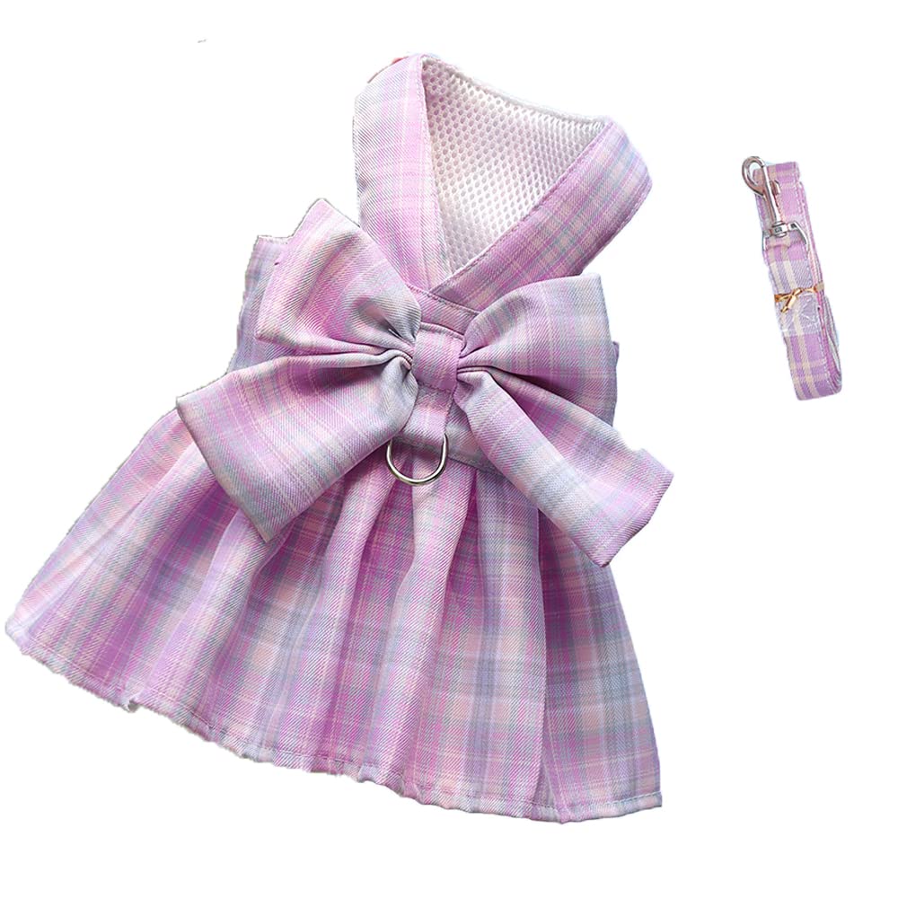 LtuzPet Plaid Dog Dress Bow Tie Harness Leash Set Princess Dog Wedding Dress Puppy Clothes Summer Dog Skirt for Small Medium Dogs Cats Girls