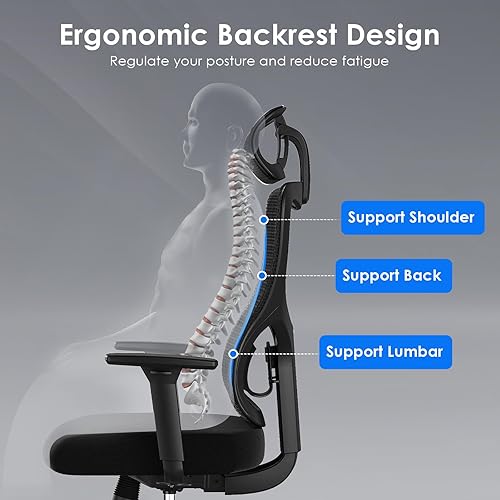 Miniatura 4 de Ergonomic Office Chair with Adjustable Lumbar Support and Headrest, High Back Mesh Desk Chair with 3D Armrest, Home Computer Chairs with Wheels for