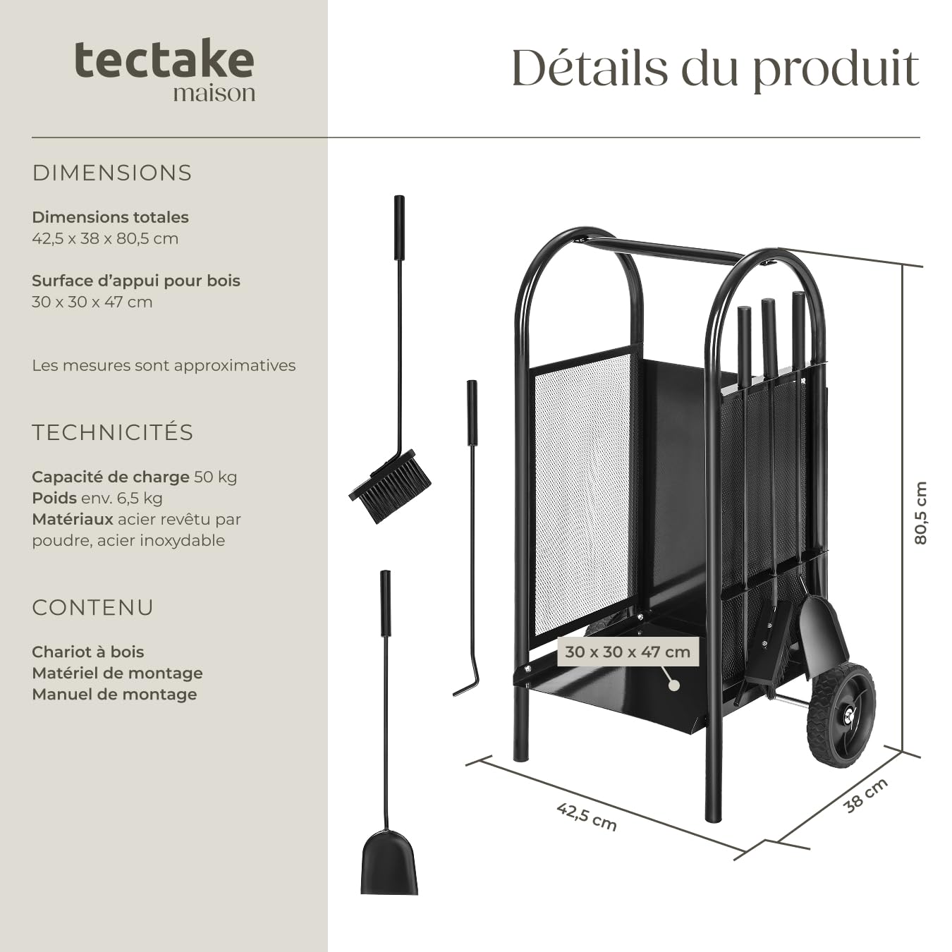 tectake® Chariot à buches, Capacité de Charge 35 kg, Inclus Tisonnier, Balai, Pelle cheminée, Chariot à roulettes, Serviteur cheminée, Range buche Interieur, Rangement Bois Interieur, Range-bûches