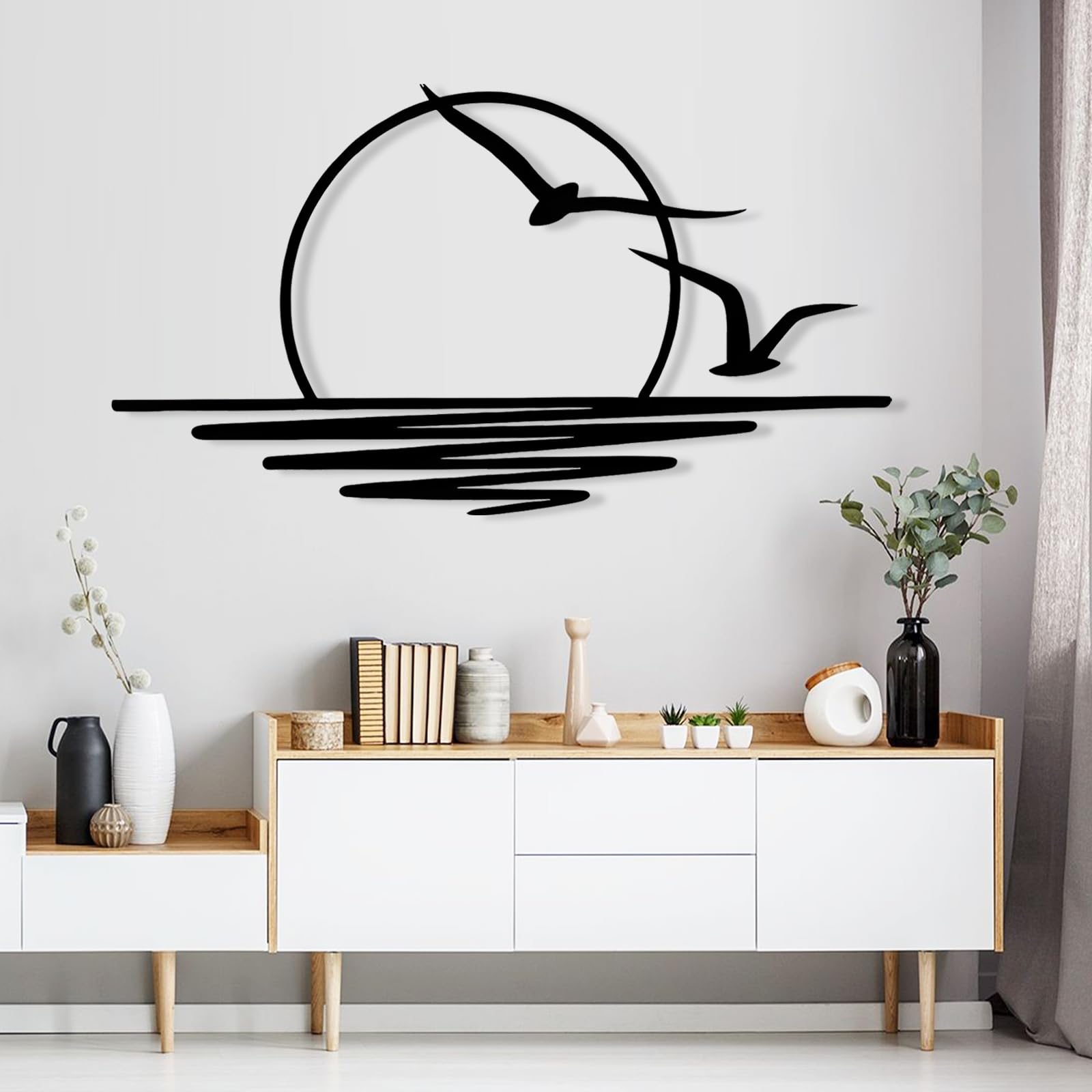 Wanddeko, 100 x 50 cm Schwarz Metall Wanddeko, wunderschöne Wanddekoration mit Möwen und Sonnenaufgang Muster, minimalistische Linienkunst Wandornament Hängen Dekor für Wohnzimmer, Schlafzimmer, Büro