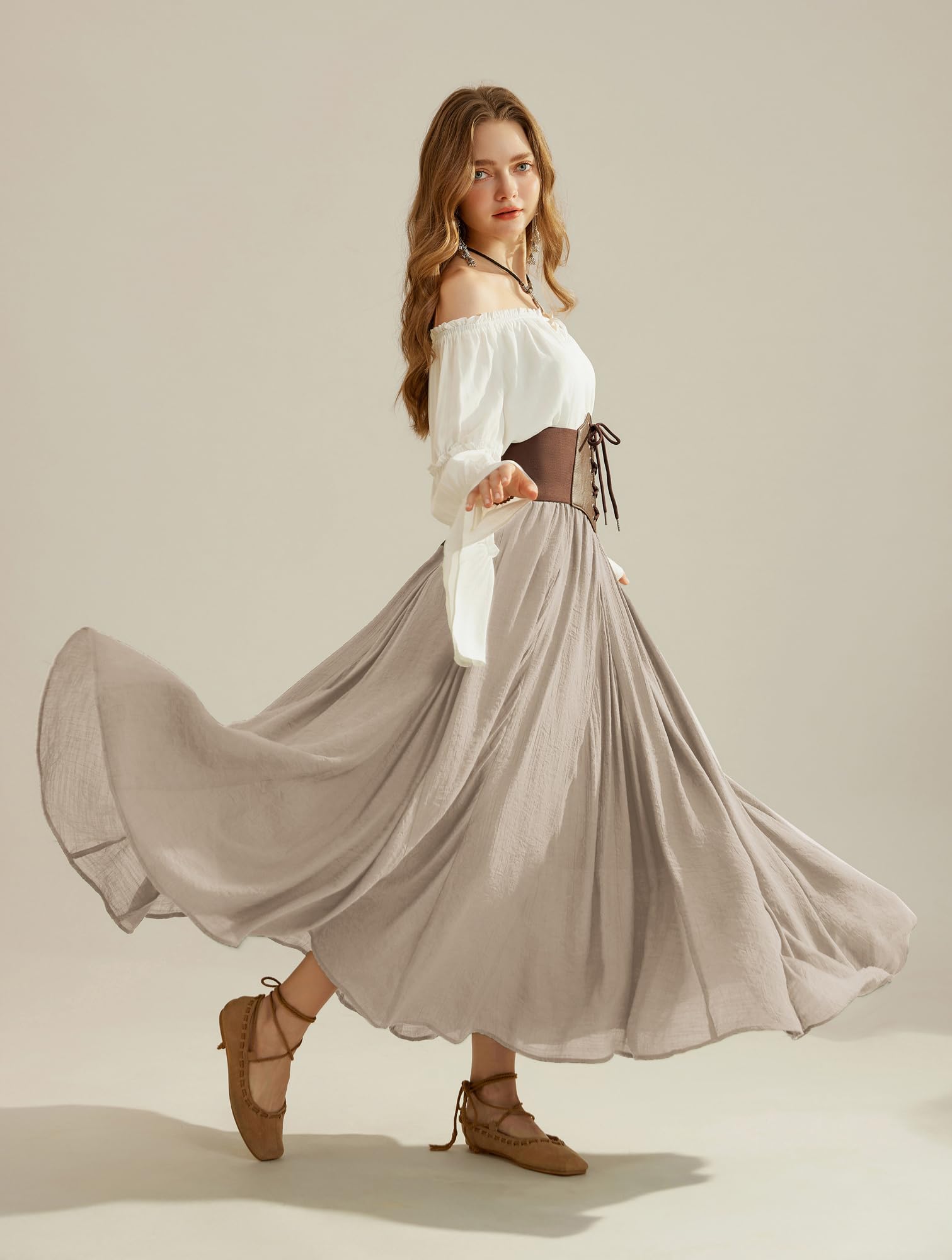 SCARLET DARKNESS Damen Mittelalter Maxirock Hohe Elastische Taille Lang Freizeitrock mit Taschen