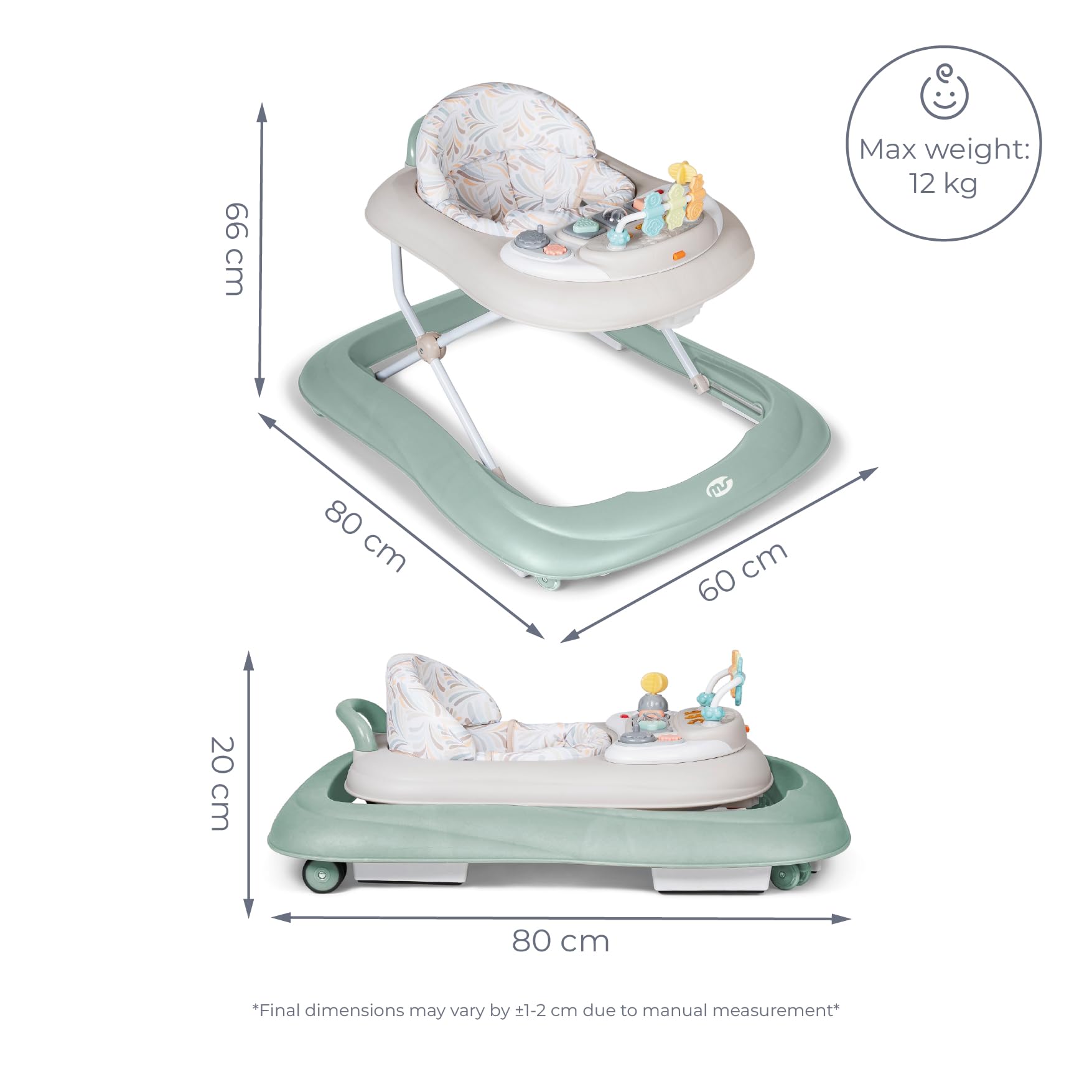 MS BabyWorld chodzik BASIC PLUS chodzik dla dzieci z interaktywną tacą do gier z dźwiękiem, podstawa zapobiegająca przewróceniu, silikonowa mata na kółkach i 3 pozycje wysokości