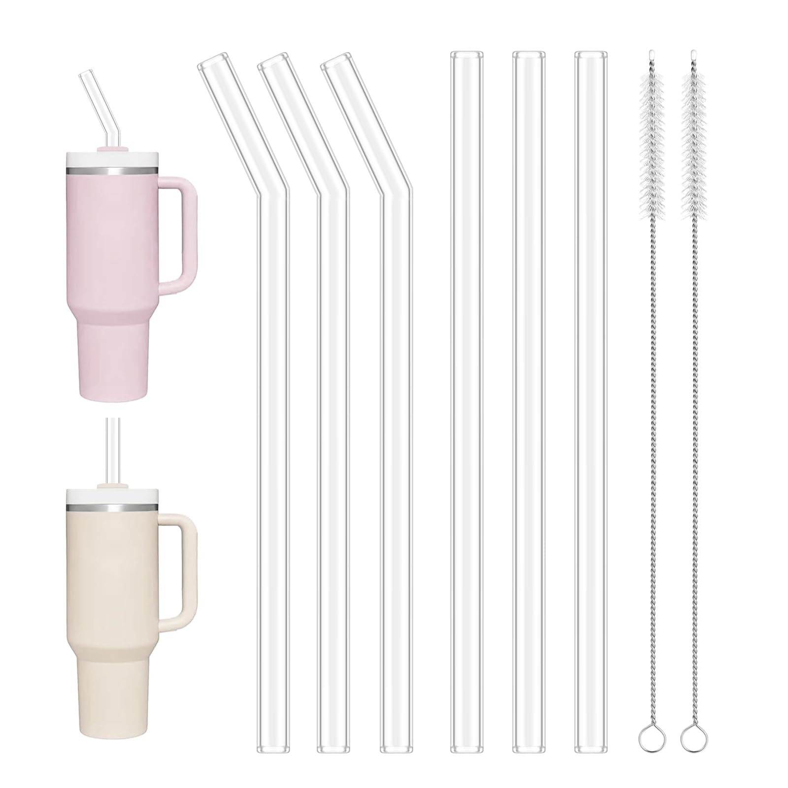 6 pajitas de cristal largas de 31 cm transparentes de repuesto para Stanley Cups 30 oz, 40 oz Adventure Quencher, pajitas reutilizables con 2 cepillos de limpieza