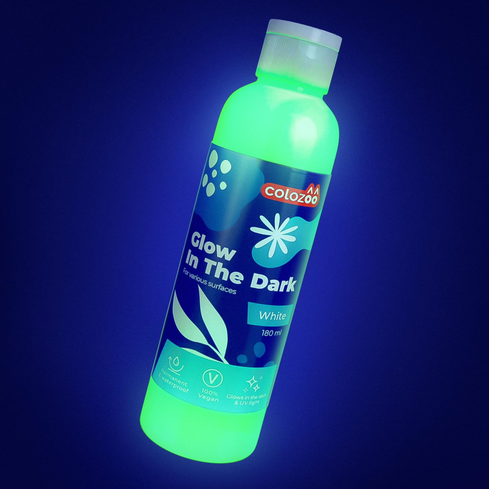 colozoo Glow in the Dark white acrylic paint 180ml | glow in the dark and black light | glow in the dark acrylic paint is permanent on any surface