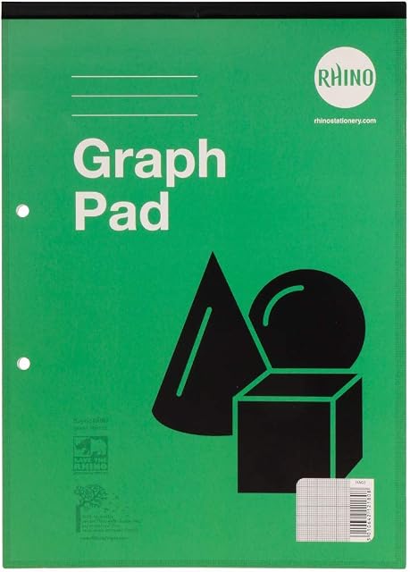 Rhino Stationery Graph Pad | A4 | 100 Page | Graph Ruled Paper Pad | Headbound Notepad | Green | School Notepad | Pack of 1