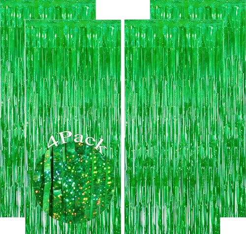 Image of 4 Pack Tinsel Backdrop 12.8x8.2 Green St Patricks Day Party Decorations, Metallic Backdrop Curtains Tinsel Curtains Streamer Backdrop, Party Supplies Wall Decor for Green Birthday Decorations