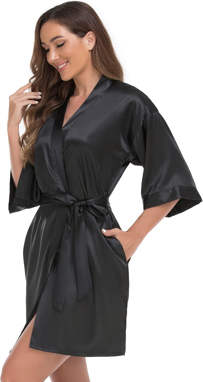 VOGUEMAX Women's Short Kimono Robe Silky Satin Bathrobe Bride Bridesmaids Getting Ready Sleepwear Soft Nightgown - Image 3