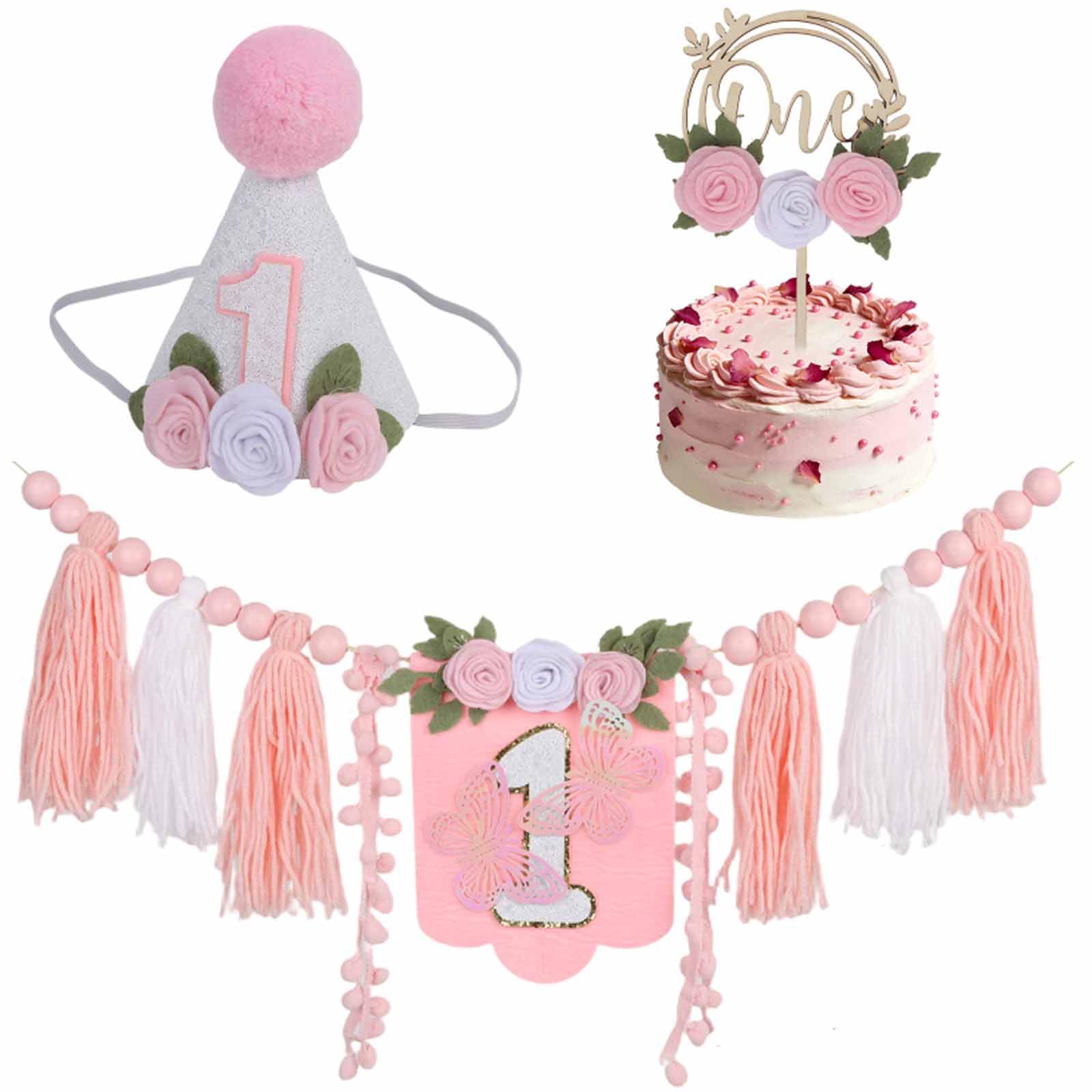1th Birthday Decorations Highchiar Banner for Boys Girls - Pink 1th Hat With Cake Topper - 1th Birthday High Chiar Banner for Phote Backdrop Party Decor (Size10)