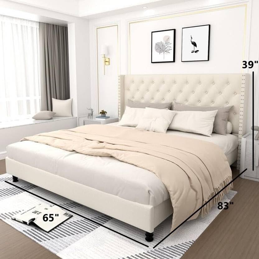 Image of Custom Decor Fabric Upholstered King Size Bed with Button Tufted Headboard for Bedroom || Solid Wood Bed | (Ivory Dutton, King (U.K. Standard))